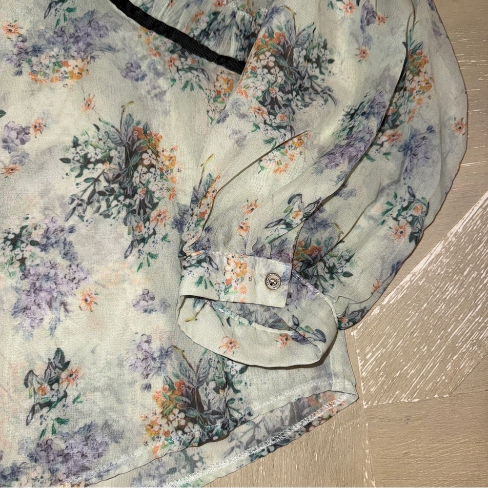 Mint floral Puff Sleeve Ruffled Blouse with Black accents pastel goth mock neck - Picture 6 of 11